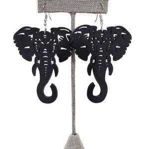 ✨3/$38 New Boho Black Wooden Cutout Elephant Statement Drop Earrings | Safari